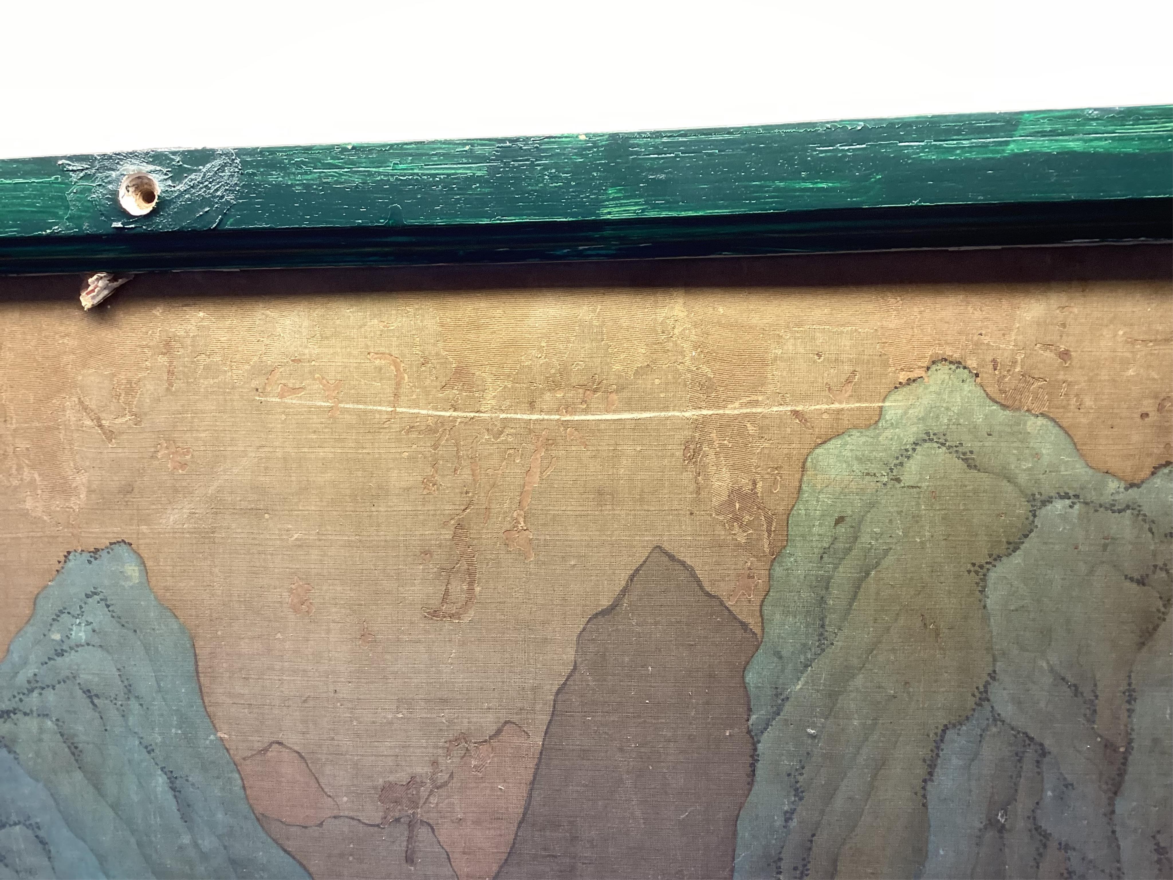 Chinese School , 17th century or earlier, Scholars in a mountainous river landscape scene with pavilions, Ink and colour on silk, incomplete clerical script signature, 54cm x 290cm